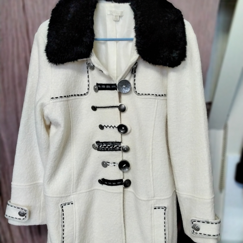 Anne Carson White Pea Coat with Black Details